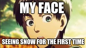 MY FACE; SEEING SNOW FOR THE FIRST TIME | image tagged in memes,attack on titan,eren jaeger | made w/ Imgflip meme maker