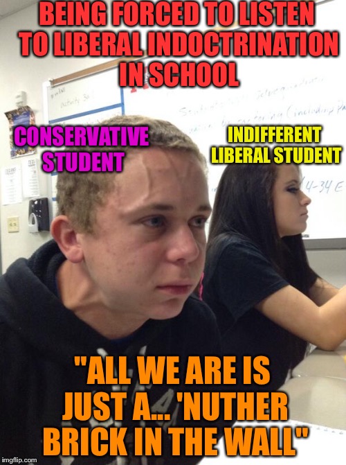 Hold fart | BEING FORCED TO LISTEN TO LIBERAL INDOCTRINATION IN SCHOOL; INDIFFERENT LIBERAL STUDENT; CONSERVATIVE STUDENT; "ALL WE ARE IS JUST A... 'NUTHER BRICK IN THE WALL" | image tagged in hold fart | made w/ Imgflip meme maker