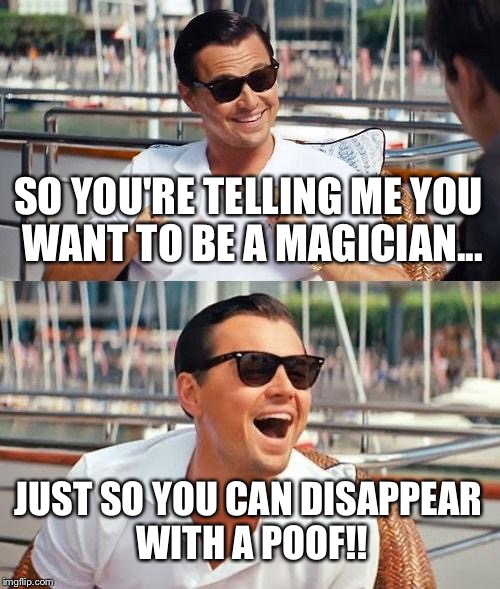 Leonardo Dicaprio Wolf Of Wall Street Meme | SO YOU'RE TELLING ME YOU WANT TO BE A MAGICIAN... JUST SO YOU CAN DISAPPEAR WITH A POOF!! | image tagged in memes,leonardo dicaprio wolf of wall street | made w/ Imgflip meme maker