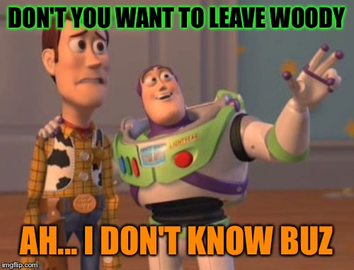 Escape with buz | DON'T YOU WANT TO LEAVE WOODY; AH... I DON'T KNOW BUZ | image tagged in memes,x x everywhere | made w/ Imgflip meme maker