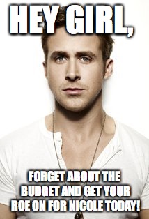 Ryan Gosling | HEY GIRL, FORGET ABOUT THE BUDGET AND GET YOUR ROE ON FOR NICOLE TODAY! | image tagged in memes,ryan gosling | made w/ Imgflip meme maker