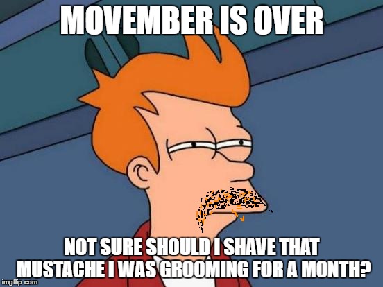 Futurama Fry Meme | MOVEMBER IS OVER; NOT SURE SHOULD I SHAVE THAT MUSTACHE I WAS GROOMING FOR A MONTH? | image tagged in memes,futurama fry | made w/ Imgflip meme maker