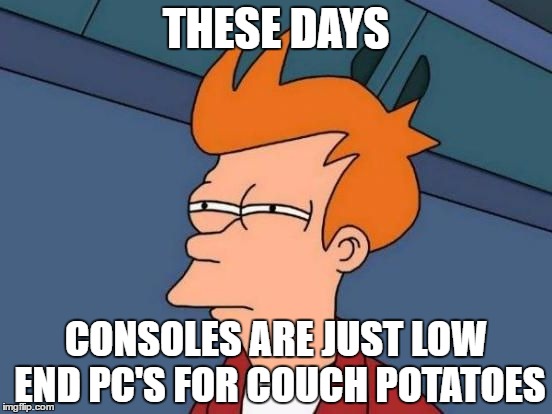 Futurama Fry Reverse | THESE DAYS CONSOLES ARE JUST LOW END PC'S FOR COUCH POTATOES | image tagged in futurama fry reverse | made w/ Imgflip meme maker