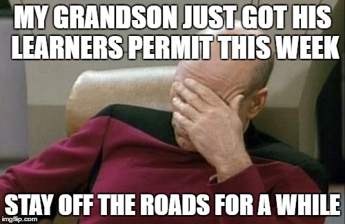 Captain Picard Facepalm | MY GRANDSON JUST GOT HIS LEARNERS PERMIT THIS WEEK; STAY OFF THE ROADS FOR A WHILE | image tagged in memes,captain picard facepalm | made w/ Imgflip meme maker