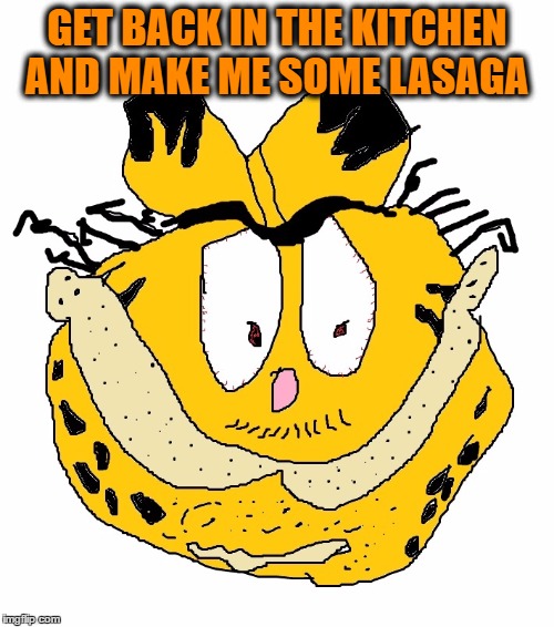 garfielf get meh sum lasaga | GET BACK IN THE KITCHEN AND MAKE ME SOME LASAGA | image tagged in grumpy cat,garfield,ms paint | made w/ Imgflip meme maker