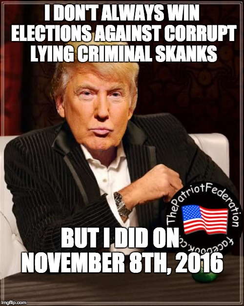 Trump Most Interesting Man In The World | I DON'T ALWAYS WIN ELECTIONS AGAINST CORRUPT LYING CRIMINAL SKANKS; BUT I DID ON NOVEMBER 8TH, 2016 | image tagged in trump most interesting man in the world | made w/ Imgflip meme maker