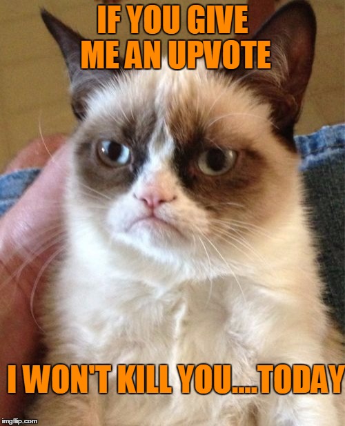 Do we have a deal? | IF YOU GIVE ME AN UPVOTE; I WON'T KILL YOU....TODAY | image tagged in memes,grumpy cat | made w/ Imgflip meme maker
