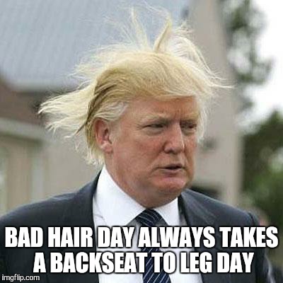 Donald Trump | BAD HAIR DAY ALWAYS TAKES A BACKSEAT TO LEG DAY | image tagged in donald trump | made w/ Imgflip meme maker