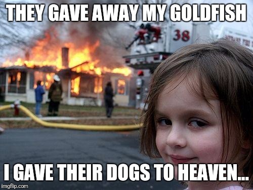 Disaster Girl | THEY GAVE AWAY MY GOLDFISH; I GAVE THEIR DOGS TO HEAVEN... | image tagged in memes,disaster girl | made w/ Imgflip meme maker
