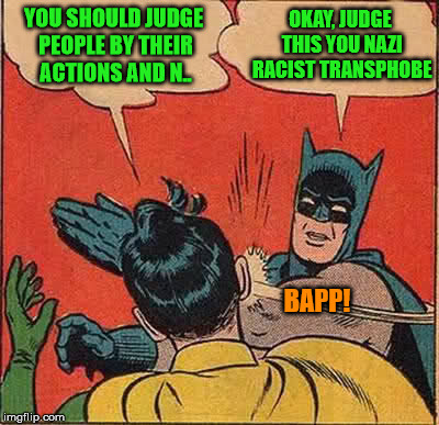 Batman Slapping Robin Meme | YOU SHOULD JUDGE PEOPLE BY THEIR ACTIONS AND N.. OKAY, JUDGE THIS YOU NAZI RACIST TRANSPHOBE BAPP! | image tagged in memes,batman slapping robin | made w/ Imgflip meme maker