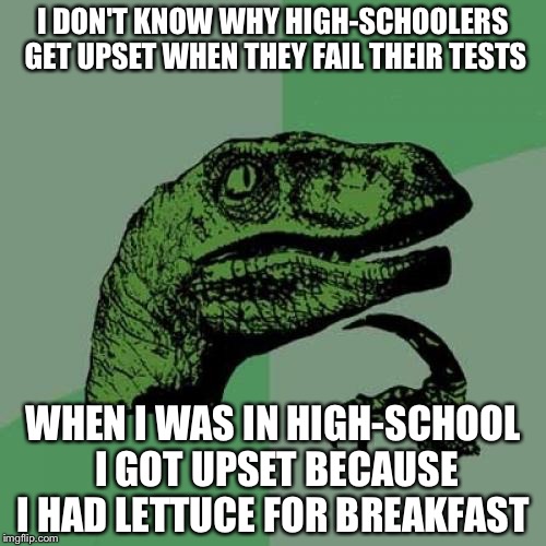 Philosoraptor | I DON'T KNOW WHY HIGH-SCHOOLERS GET UPSET WHEN THEY FAIL THEIR TESTS; WHEN I WAS IN HIGH-SCHOOL I GOT UPSET BECAUSE I HAD LETTUCE FOR BREAKFAST | image tagged in memes,philosoraptor | made w/ Imgflip meme maker