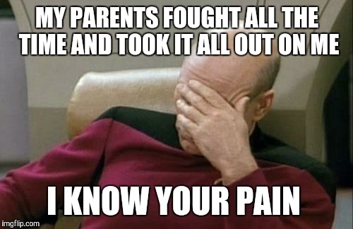 Captain Picard Facepalm Meme | MY PARENTS FOUGHT ALL THE TIME AND TOOK IT ALL OUT ON ME I KNOW YOUR PAIN | image tagged in memes,captain picard facepalm | made w/ Imgflip meme maker