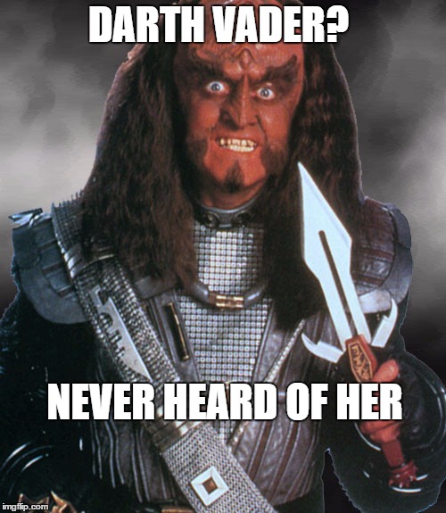 DARTH VADER? | DARTH VADER? NEVER HEARD OF HER | image tagged in star wars,darth vader,star trek,klingon,funny memes,memes | made w/ Imgflip meme maker