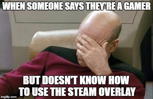 Captain Picard Facepalm Meme | WHEN SOMEONE SAYS THEY'RE A GAMER; BUT DOESN'T KNOW HOW TO USE THE STEAM OVERLAY | image tagged in memes,captain picard facepalm | made w/ Imgflip meme maker
