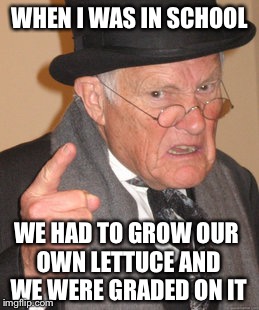 Back In My Day Meme | WHEN I WAS IN SCHOOL WE HAD TO GROW OUR OWN LETTUCE AND WE WERE GRADED ON IT | image tagged in memes,back in my day | made w/ Imgflip meme maker