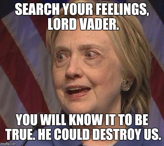 SEARCH YOUR FEELINGS, LORD VADER. YOU WILL KNOW IT TO BE TRUE. HE COULD DESTROY US. | image tagged in hillary clinton,star wars | made w/ Imgflip meme maker