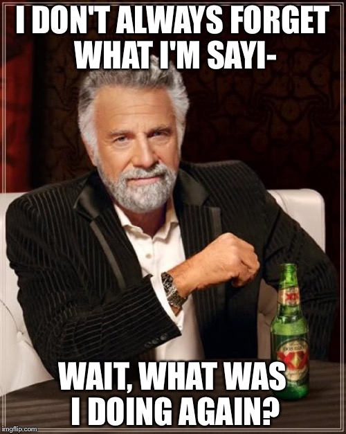We all have problems when we forget what we're sayi- Wait, what happened? Where am I? WHO ARE YOU PEOPLE?! I'm so embarrased.  | I DON'T ALWAYS FORGET WHAT I'M SAYI-; WAIT, WHAT WAS I DOING AGAIN? | image tagged in memes,the most interesting man in the world | made w/ Imgflip meme maker