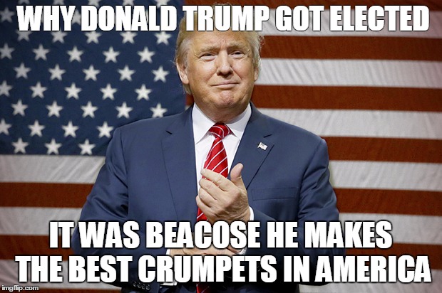 Donald crumpets | WHY DONALD TRUMP GOT ELECTED; IT WAS BEACOSE HE MAKES THE BEST CRUMPETS IN AMERICA | image tagged in donald trump,memes | made w/ Imgflip meme maker