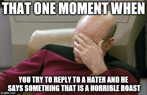 Captain Picard Facepalm Meme | THAT ONE MOMENT WHEN; YOU TRY TO REPLY TO A HATER AND HE SAYS SOMETHING THAT IS A HORRIBLE ROAST | image tagged in memes,captain picard facepalm | made w/ Imgflip meme maker