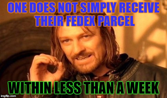 One Does Not Simply | ONE DOES NOT SIMPLY RECEIVE THEIR FEDEX PARCEL; WITHIN LESS THAN A WEEK | image tagged in memes,one does not simply | made w/ Imgflip meme maker