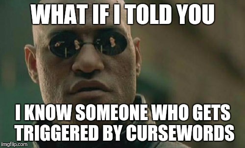 Matrix Morpheus Meme | WHAT IF I TOLD YOU; I KNOW SOMEONE WHO GETS TRIGGERED BY CURSEWORDS | image tagged in memes,matrix morpheus | made w/ Imgflip meme maker