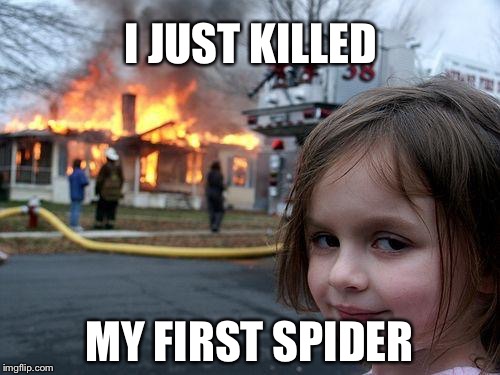 Disaster Girl | I JUST KILLED; MY FIRST SPIDER | image tagged in memes,disaster girl | made w/ Imgflip meme maker