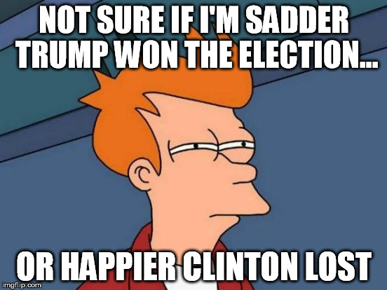 Futurama Fry Meme | NOT SURE IF I'M SADDER TRUMP WON THE ELECTION... OR HAPPIER CLINTON LOST | image tagged in memes,futurama fry | made w/ Imgflip meme maker
