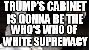 The "Racism doesn't exist" racist | TRUMP'S CABINET IS GONNA BE THE; WHO'S WHO OF WHITE SUPREMACY | image tagged in the racism doesn't exist racist | made w/ Imgflip meme maker