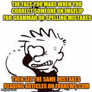 Does no one edit news stories anymore? | THE FACE YOU MAKE WHEN YOU CORRECT SOMEONE ON IMGFLIP FOR GRAMMAR OR SPELLING MISTAKES; THEN SEE THE SAME MISTAKES READING ARTICLES ON FOXNEWS.COM | image tagged in calvinfacepalm,facepalm,fox news,grammar nazi | made w/ Imgflip meme maker