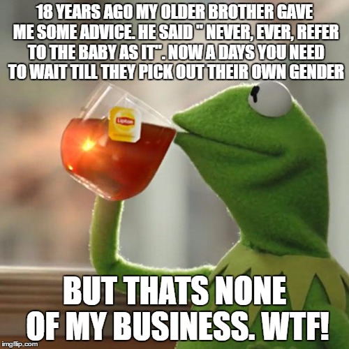 But That's None Of My Business | 18 YEARS AGO MY OLDER BROTHER GAVE ME SOME ADVICE. HE SAID " NEVER, EVER, REFER TO THE BABY AS IT". NOW A DAYS YOU NEED TO WAIT TILL THEY PICK OUT THEIR OWN GENDER; BUT THATS NONE OF MY BUSINESS. WTF! | image tagged in memes,but thats none of my business,kermit the frog | made w/ Imgflip meme maker