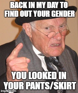 Back In My Day | BACK IN MY DAY TO FIND OUT YOUR GENDER; YOU LOOKED IN YOUR PANTS/SKIRT | image tagged in memes,back in my day | made w/ Imgflip meme maker