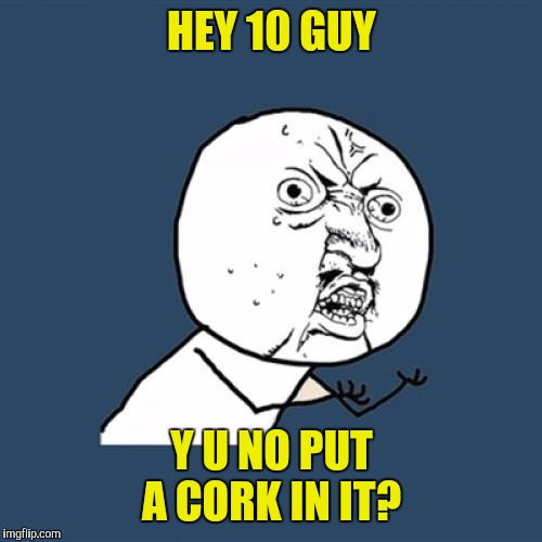 Y U No Meme | HEY 10 GUY Y U NO PUT A CORK IN IT? | image tagged in memes,y u no | made w/ Imgflip meme maker