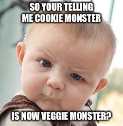 Skeptical Baby | SO YOUR TELLING ME COOKIE MONSTER; IS NOW VEGGIE MONSTER? | image tagged in memes,skeptical baby | made w/ Imgflip meme maker