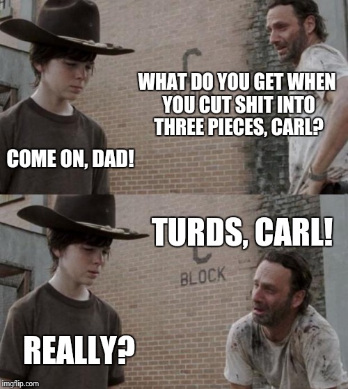 Rick and Carl Meme | WHAT DO YOU GET WHEN YOU CUT SHIT INTO THREE PIECES, CARL? COME ON, DAD! TURDS, CARL! REALLY? | image tagged in memes,rick and carl | made w/ Imgflip meme maker