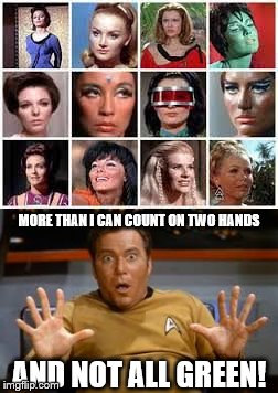 Kirk hearing he "likes his bitches green"... replied "Hold it! Hold it!" amazed at the charge he then continued there are... | MORE THAN I CAN COUNT ON TWO HANDS; AND NOT ALL GREEN! | image tagged in memes | made w/ Imgflip meme maker