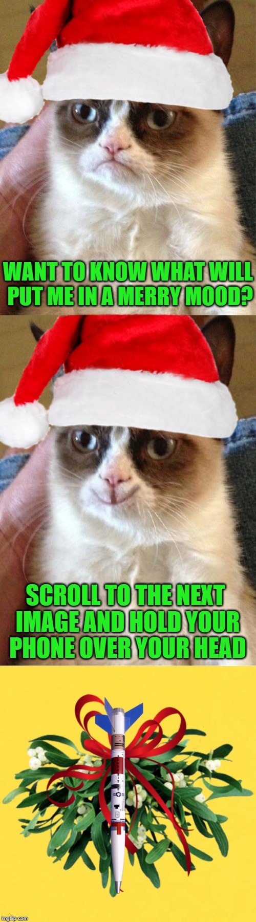 Grumpy Cat Says, "Let The Festivities Begin" | WANT TO KNOW WHAT WILL PUT ME IN A MERRY MOOD? SCROLL TO THE NEXT IMAGE AND HOLD YOUR PHONE OVER YOUR HEAD | image tagged in grumpy cat christmas,christmas | made w/ Imgflip meme maker