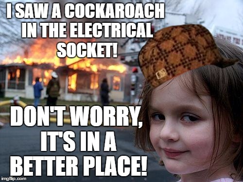 A Certified Exterminator | I SAW A COCKAROACH IN THE ELECTRICAL SOCKET! DON'T WORRY, IT'S IN A BETTER PLACE! | image tagged in memes,disaster girl,scumbag | made w/ Imgflip meme maker