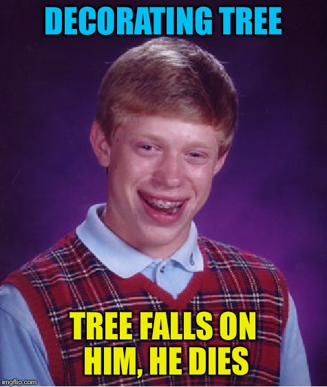 Bad Luck Brian Meme | DECORATING TREE TREE FALLS ON HIM, HE DIES | image tagged in memes,bad luck brian | made w/ Imgflip meme maker