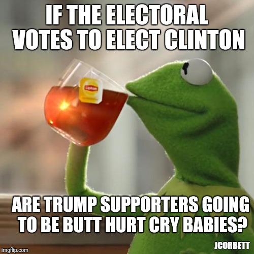 But That's None Of My Business Meme | IF THE ELECTORAL VOTES TO ELECT CLINTON; ARE TRUMP SUPPORTERS GOING TO BE BUTT HURT CRY BABIES? JCORBETT | image tagged in memes,but thats none of my business,kermit the frog | made w/ Imgflip meme maker