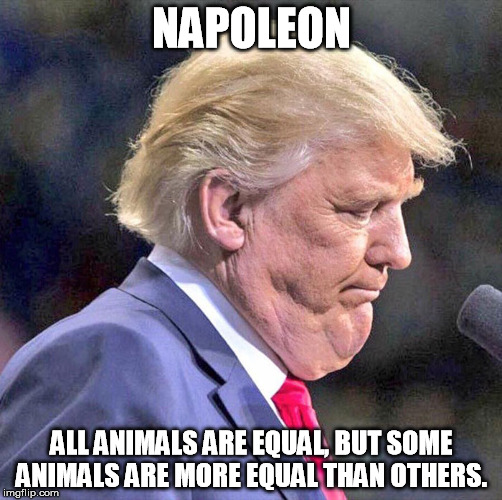 trump animal farm | NAPOLEON; ALL ANIMALS ARE EQUAL, BUT SOME ANIMALS ARE MORE EQUAL THAN OTHERS. | image tagged in trump,rights,animal farm | made w/ Imgflip meme maker