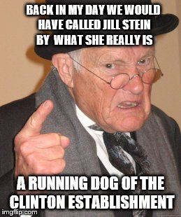 After listening to Jill Stein's interview with Chris Wallace on Fox News Sunday 'Pops' turned to the grandkids and said...  | BACK IN MY DAY WE WOULD HAVE CALLED JILL STEIN BY  WHAT SHE REALLY IS; A RUNNING DOG OF THE CLINTON ESTABLISHMENT | image tagged in memes,back in my day,election 2016 aftermath,donald trump approves,jill stein,recount | made w/ Imgflip meme maker