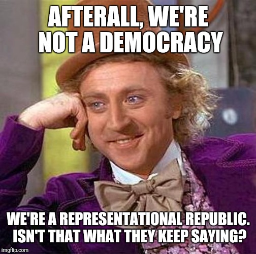 Creepy Condescending Wonka Meme | AFTERALL, WE'RE NOT A DEMOCRACY WE'RE A REPRESENTATIONAL REPUBLIC. ISN'T THAT WHAT THEY KEEP SAYING? | image tagged in memes,creepy condescending wonka | made w/ Imgflip meme maker
