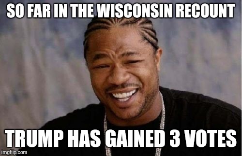 Thanks to the morons who donated to Jill Stein's recount for giving Trump more votes! | SO FAR IN THE WISCONSIN RECOUNT; TRUMP HAS GAINED 3 VOTES | image tagged in memes,yo dawg heard you | made w/ Imgflip meme maker