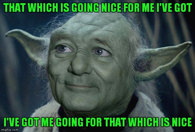 Yoda Bill Murray | THAT WHICH IS GOING NICE FOR ME I'VE GOT; I'VE GOT ME GOING FOR THAT WHICH IS NICE | image tagged in yoda bill murray | made w/ Imgflip meme maker