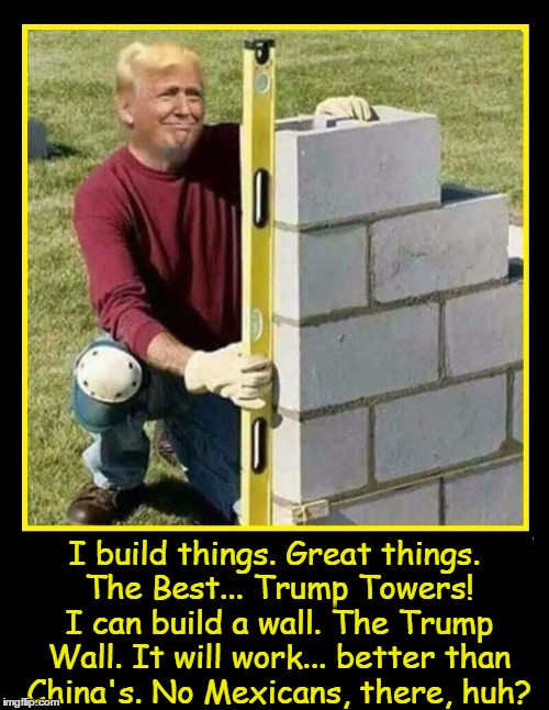 Trump Builds a Wall... by Himself | I build things. Great things. The Best... Trump Towers! I can build a wall. The Trump Wall. It will work... better than China's. No Mexicans, there, huh? | image tagged in the great wall of china,vince vance,trump towera,the trump wall | made w/ Imgflip meme maker