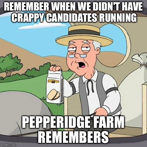 Pepperidge Farm Remembers Meme | REMEMBER WHEN WE DIDN'T HAVE CRAPPY CANDIDATES RUNNING; PEPPERIDGE FARM REMEMBERS | image tagged in memes,pepperidge farm remembers | made w/ Imgflip meme maker