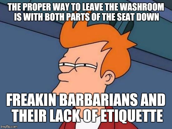Futurama Fry Reverse | THE PROPER WAY TO LEAVE THE WASHROOM IS WITH BOTH PARTS OF THE SEAT DOWN FREAKIN BARBARIANS AND THEIR LACK OF ETIQUETTE | image tagged in futurama fry reverse | made w/ Imgflip meme maker