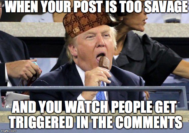 trump eating ice cream | WHEN YOUR POST IS TOO SAVAGE; AND YOU WATCH PEOPLE GET TRIGGERED IN THE COMMENTS | image tagged in trump eating ice cream,scumbag | made w/ Imgflip meme maker