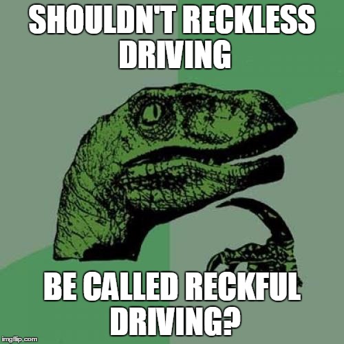 Philosoraptor | SHOULDN'T RECKLESS DRIVING; BE CALLED RECKFUL DRIVING? | image tagged in memes,philosoraptor | made w/ Imgflip meme maker
