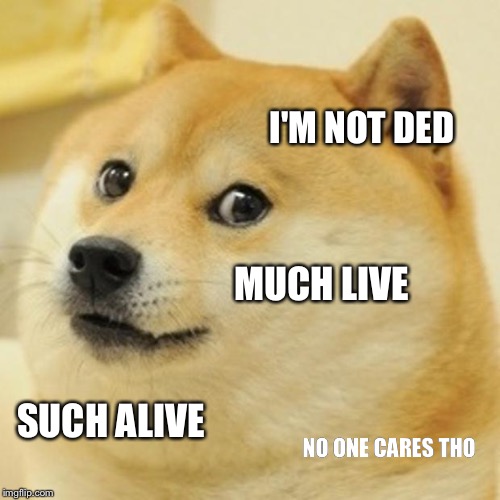 Doge Meme | I'M NOT DED; MUCH LIVE; SUCH ALIVE; NO ONE CARES THO | image tagged in memes,doge | made w/ Imgflip meme maker